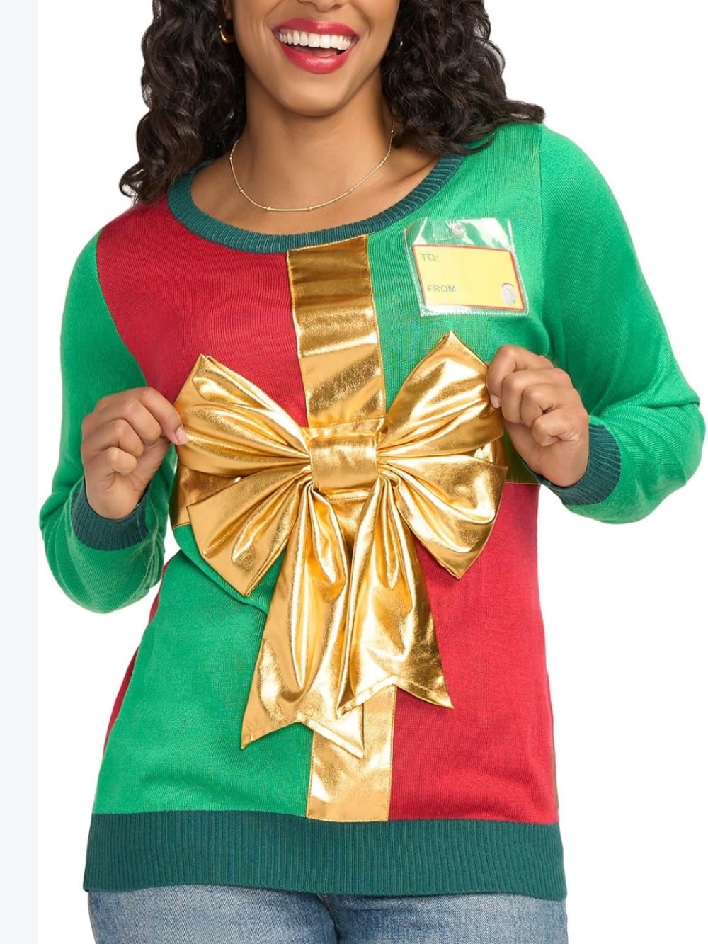 Green & Red Holiday Bow Sweater - Gold Bow Accent in size M